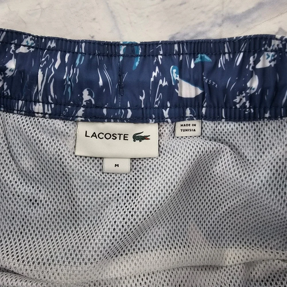 Lacoste Swim Trunks Mens M Blue Nautical Sailboat Print Drawstring Mesh Lining